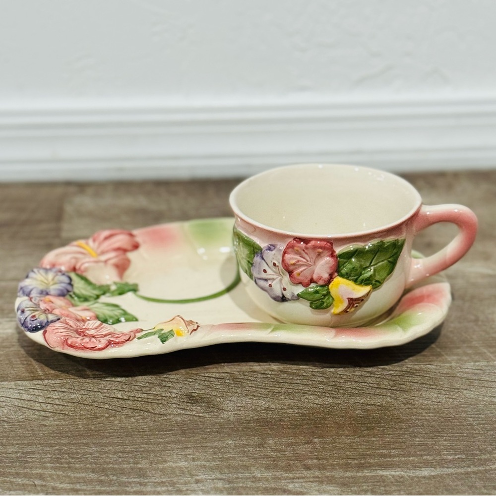 Floral Snack Set Plate and Mug Embossed, Hand Painted, Made in Portugal
